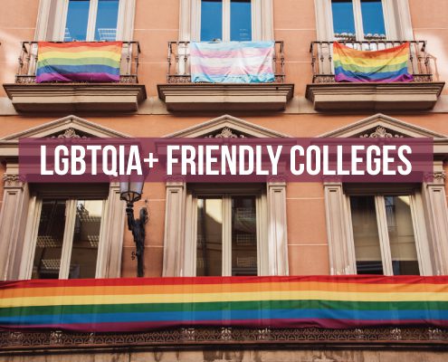 July Blog 2021 feature Image of a university with a multiple rainbow flags and a transgender flag